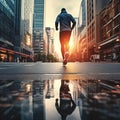 AI generated illustration of a male jogger running outdoors in the sunshine on a wet asphalt road Royalty Free Stock Photo