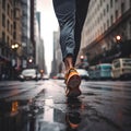 AI generated illustration of a male jogger running outdoors in the sunshine on a wet asphalt road Royalty Free Stock Photo
