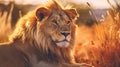 AI generated illustration of A male lion laying down on the ground Royalty Free Stock Photo