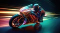 AI generated illustration of a male wearing a helmet riding motorbike down a street in the nighttime