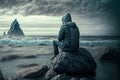 Back view of a man from sitting on a rock and facing the ocean waves