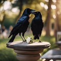two crows are standing on a table in a park as a person looks on