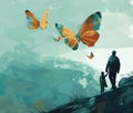 AI generated illustration of a man and child watching butterfly in flight above them