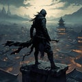 AI generated illustration of a man in a dark samurai clothes standing above a city