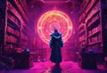 AI generated illustration of a wizard in a library and an orange and pink swirl of magic