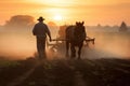 AI generated illustration of a man in a farm field, pulled by a horse in a wooden carriage Royalty Free Stock Photo