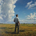 AI generated illustration of a man in a field of lush grass, gazing up at a sky filled with clouds Royalty Free Stock Photo