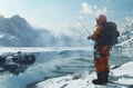 AI-generated illustration of a man fishing on a frozen mountain river Royalty Free Stock Photo