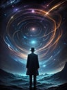 AI generated illustration of a man in formal attire and a hat standing in front of a swirling vortex Royalty Free Stock Photo