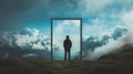 a man stands looking out over the clouds in an empty mirror