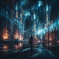 AI generated illustration of a man in a grand cathedral illuminated by the stained-glass windows