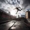 AI generated illustration of man performing parkour trick midair over the rooftops