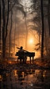 AI generated illustration of a man playing the piano in front of a burning forest