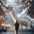 AI generated illustration of a man posing in front of massive white dragon sculpture Royalty Free Stock Photo