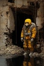 a man wearing gas gas suits standing in a destroyed building Royalty Free Stock Photo