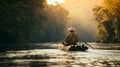 AI generated illustration of a man rowing a boat wearing a hat at sunset Royalty Free Stock Photo