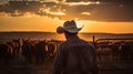 AI generated illustration of a man silhouetted against a fiery sunset, observing a herd of cattle