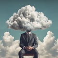 AI generated illustration of a man sitting alone on a park bench in the shade of a large cloud Royalty Free Stock Photo