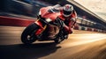 AI generated illustration of a man speeding his motorcycle on a racetrack at sunset