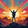 AI generated illustration of a man standing atop a mountaintop, admiring a beautiful sunset