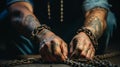 AI generated illustration of A man with tattoos  his arms chained up Royalty Free Stock Photo