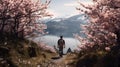 AI generated illustration of a man walking down a path surrounded by pink flowers near the lake Royalty Free Stock Photo