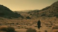 AI generated illustration of a man wearing a long, dark cloak walking alone across a sandy desert