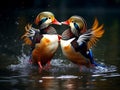 AI generated illustration of Mandarin ducks (Aix galericulata) swimming in a pond