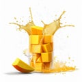 AI generated illustration of mango slices with splashes of mango juice