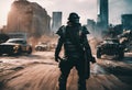 AI generated illustration of a masked soldier in a uniform on a dusty street with parked vehicles