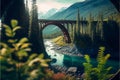 AI-generated illustration of a massive arched bridge against the mountains