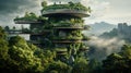 AI-generated illustration of a massive building covered with lush greenery