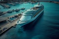 AI generated illustration of a massive cruise ship peacefully moored in a bustling harbor Royalty Free Stock Photo