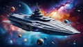 AI generated illustration of A massive, imposing battleship floats through the vastness of space