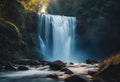 AI generated illustration of a massive waterfall cascades over rocks in lush jungle setting Royalty Free Stock Photo