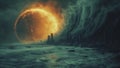 AI generated illustration of a massive wave approaches a fiery red planet in space