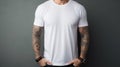 AI generated illustration of a mature man with body tattoos wearing a white shirt