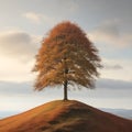 AI generated illustration of a mature tree stands on a grassy hilltop