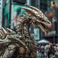 AI-generated illustration of a mechanical dragon on a busy street corner.