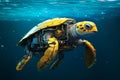 AI generated illustration of a mechanical robot yellow turtle swimming underwater