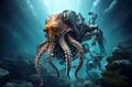 AI generated illustration of a mechanical steel octopus creature swimming underwater