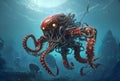 AI generated illustration of a mechanical steel octopus creature swimming underwater