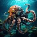 AI generated illustration of a mechanical steel octopus creature swimming underwater