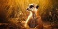 AI generated illustration of a meerkat in a field of tall grass surrounded by lush green vegetation Royalty Free Stock Photo