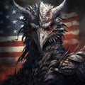 AI generated illustration of a menacing eagle perched against a waving American flag Royalty Free Stock Photo
