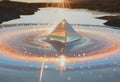 an image of a crystal pyramid floating in water with the sun behind it