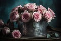 AI generated illustration of A metal bucket filled with a bouquet of vibrant pink roses