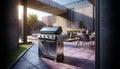 a grill sitting on top of a patio near a dining room Royalty Free Stock Photo
