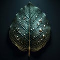 AI generated illustration of a metal leaf with glistening droplets of water on its shiny surface Royalty Free Stock Photo