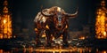 AI generated illustration of a metallic bull sculpture in glowing light